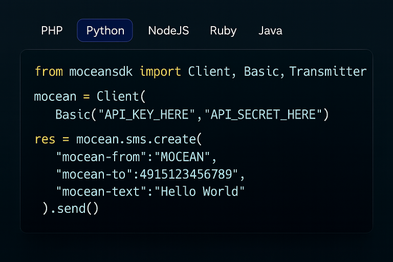 Python code example using Mocean’s SMS API to send instant messages